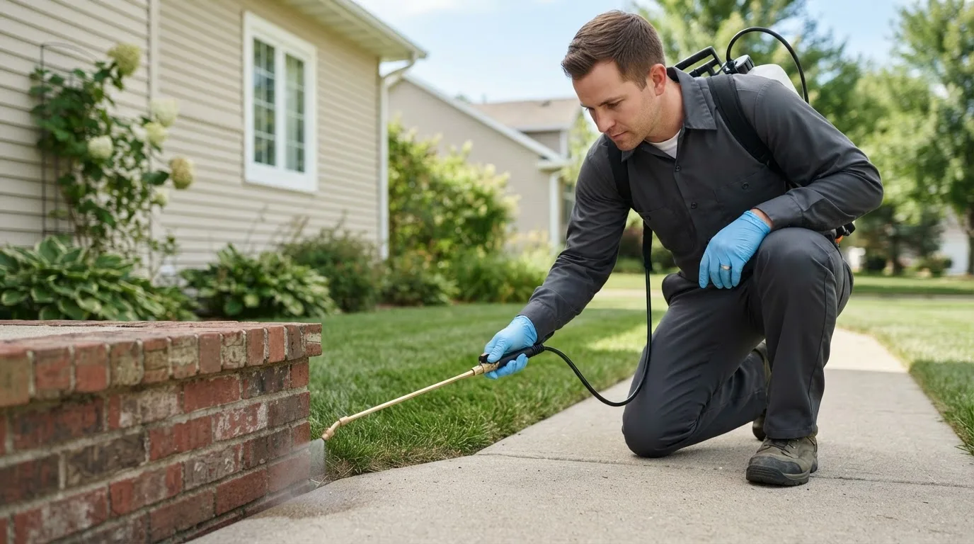 Pest control technician treating a home near Kyle, TX